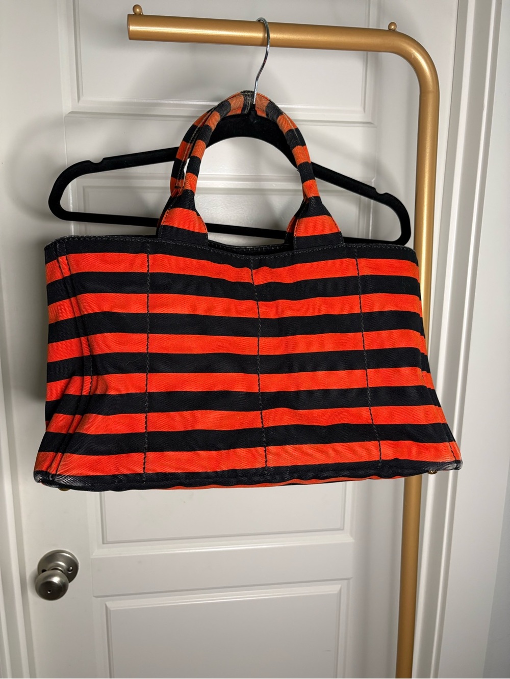 Authentic Prada Canapa Righe Large/GM Striped Canvas Tote – Orange & Black